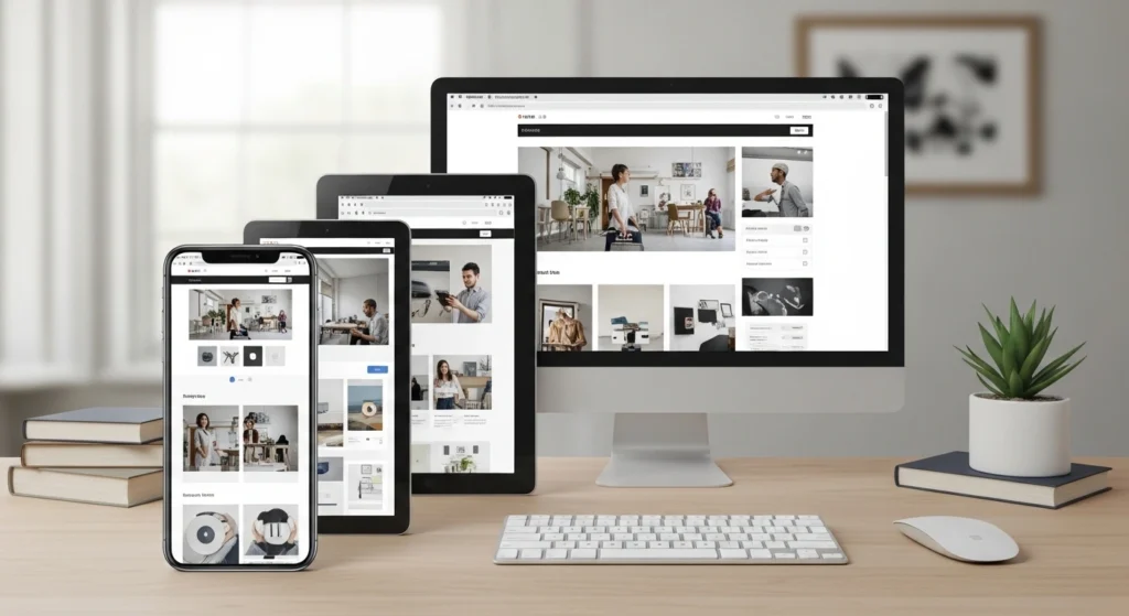 Mobile-first responsive web design process showing a website tested and optimized across multiple screen sizes