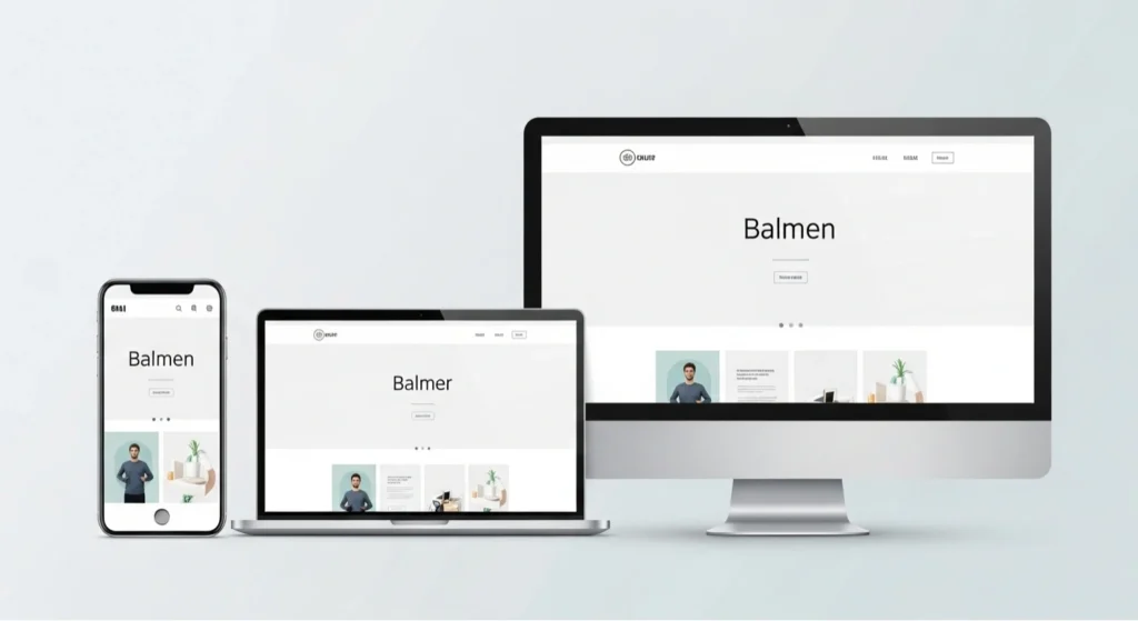 Responsive web design showing a website layout adapting smoothly across mobile, tablet, laptop, and desktop screens