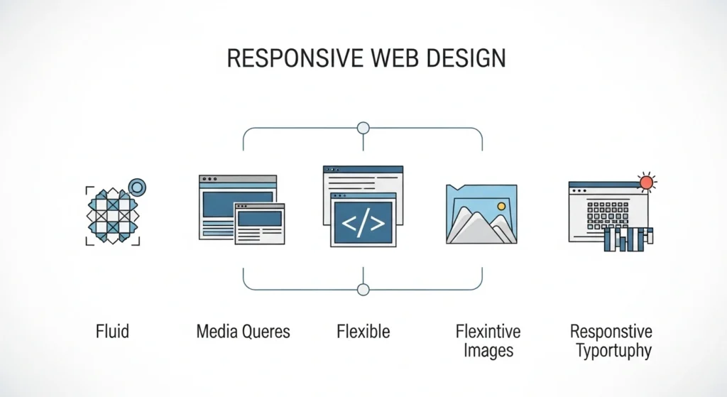 Illustration of key responsive web design principles including fluid grids, media queries, flexible images, and responsive typography