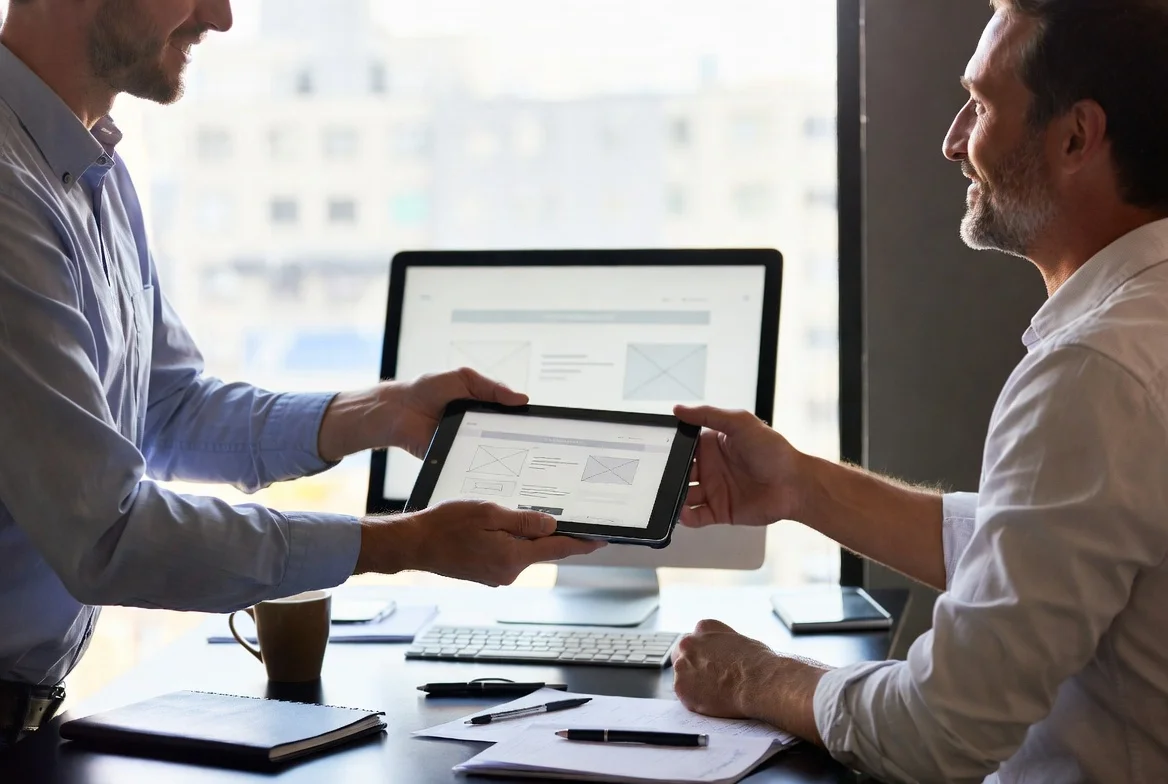 We are presenting a website wireframe to a client, demonstrating how our web development company ensures mobile responsiveness across all device.