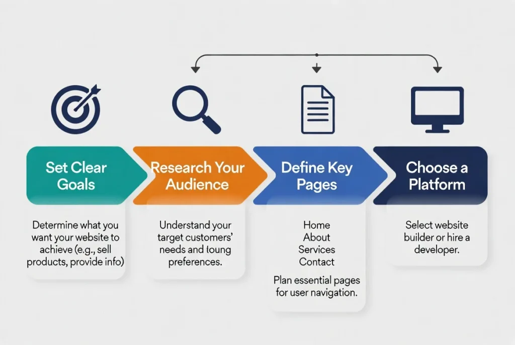 Web design tips for beginners illustrated as a planning flowchart for small business website including goals, pages, and audience.
