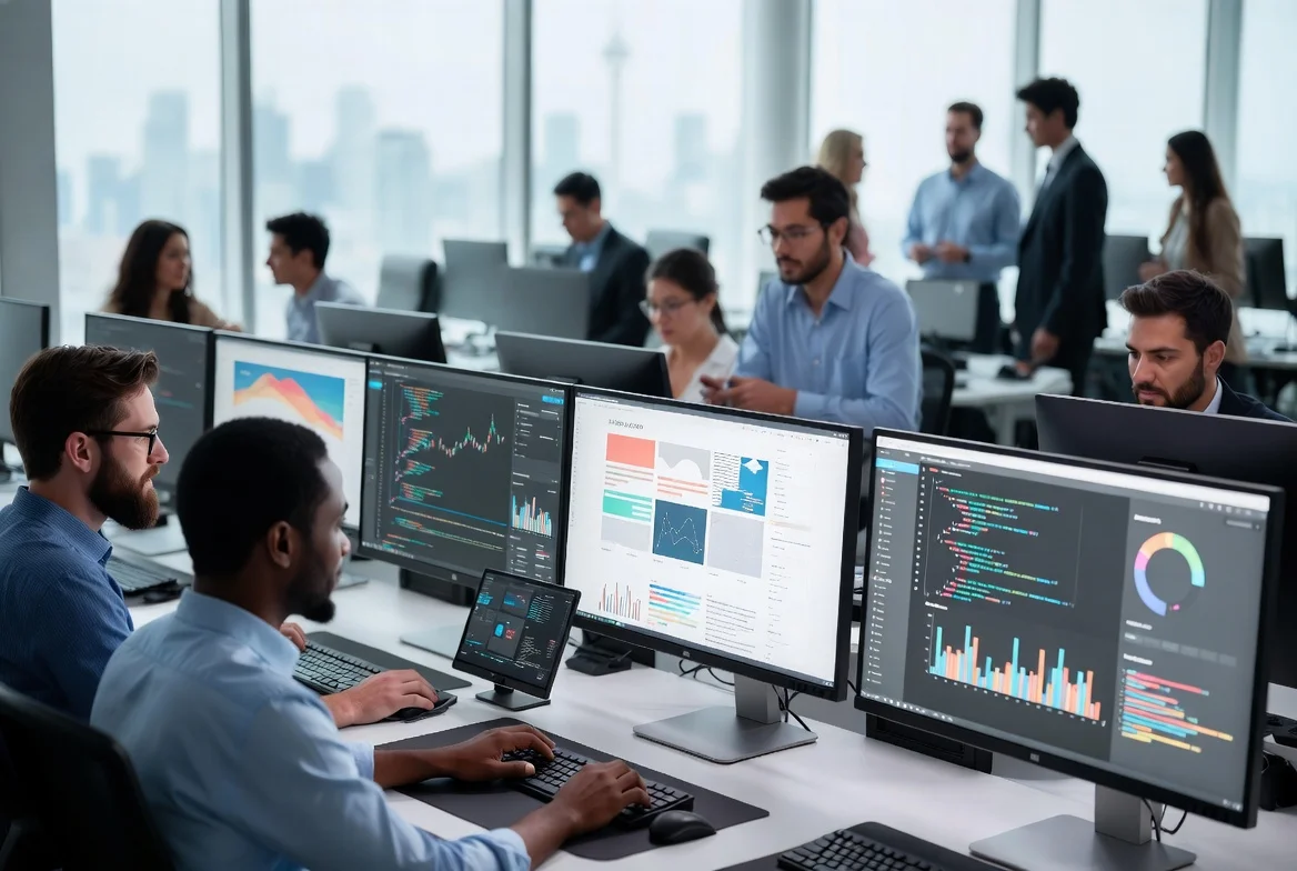 Our Professional team providing web development service in a high-end office, using multi-monitor setups with code and data charts to build digital solutions.