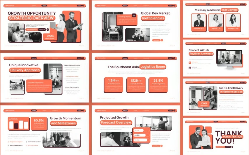 A corporate pitch deck featuring a web-interface dashboard layout with coral red accents, presenting corporate growth opportunity strategic overviews, leadership profiles, and global market milestones.