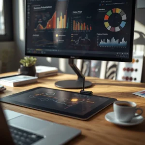 Professional pitch deck design layout with investor growth charts on a desktop screen.