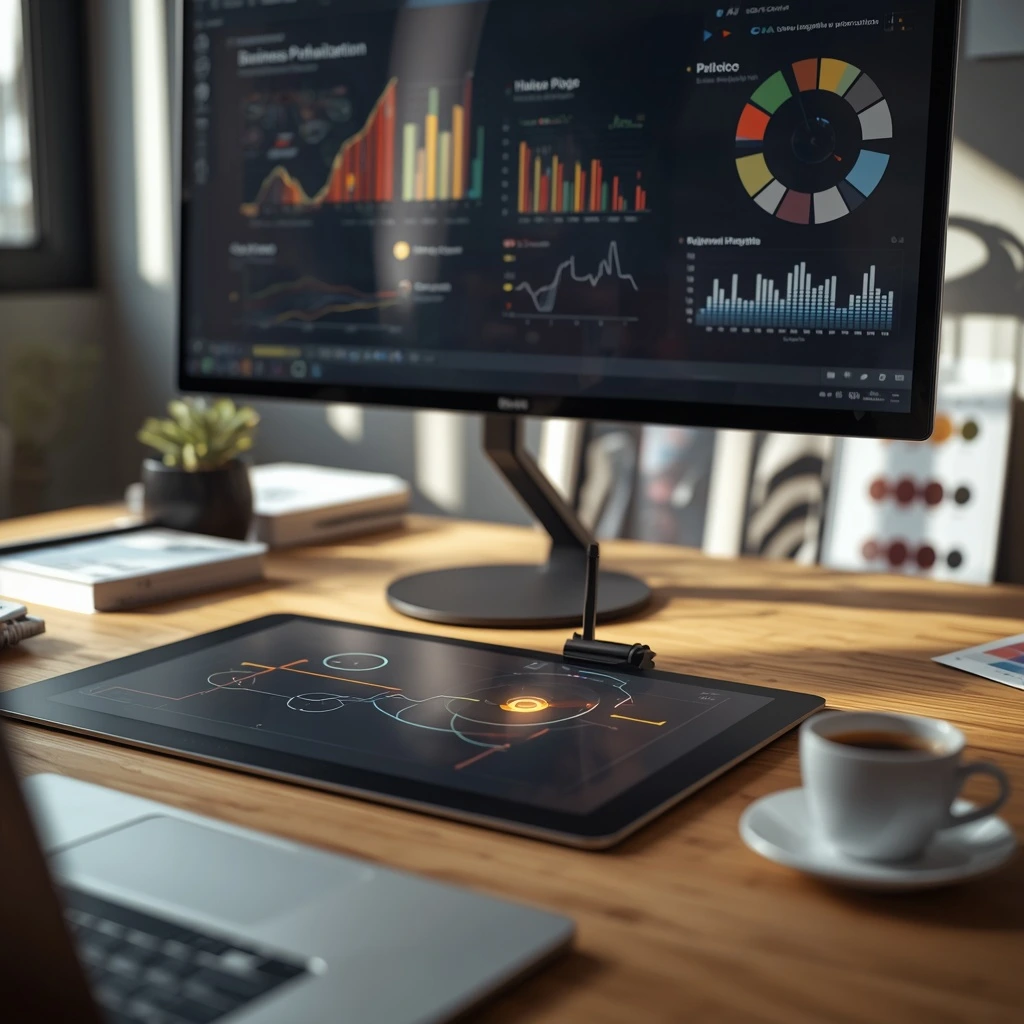 Professional pitch deck design layout with investor growth charts on a desktop screen.