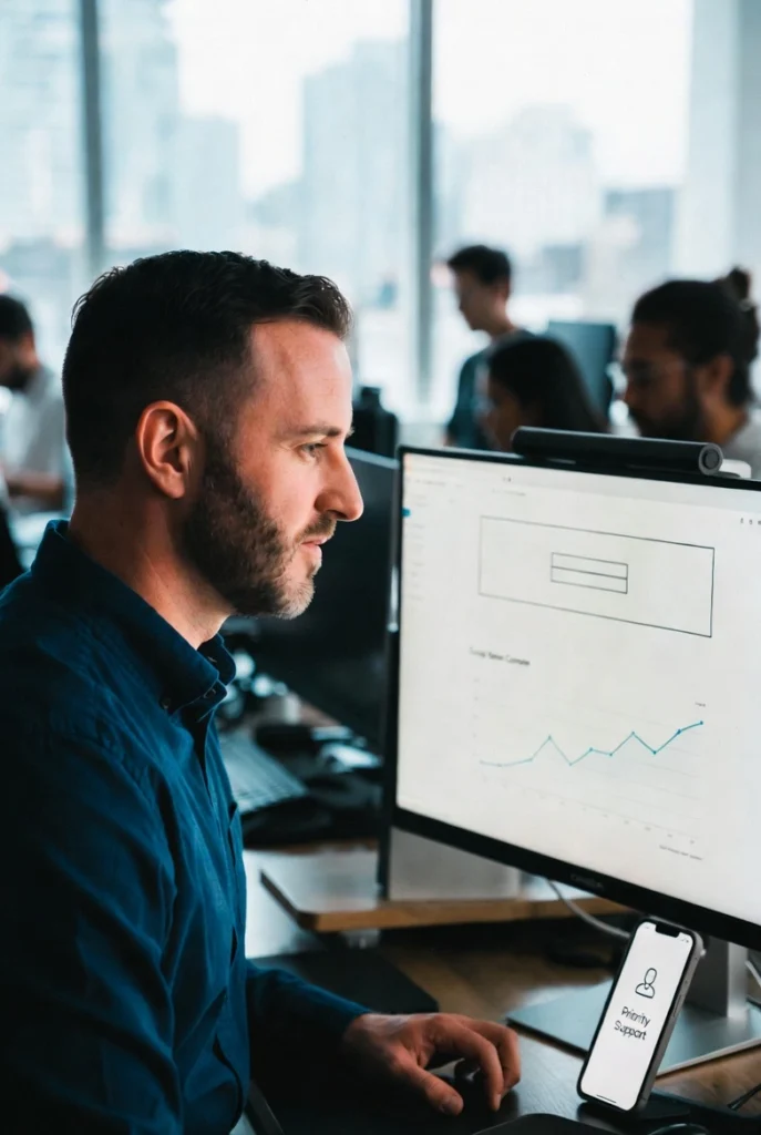 Website development expert focused on computer, reviewing graphs related to his project