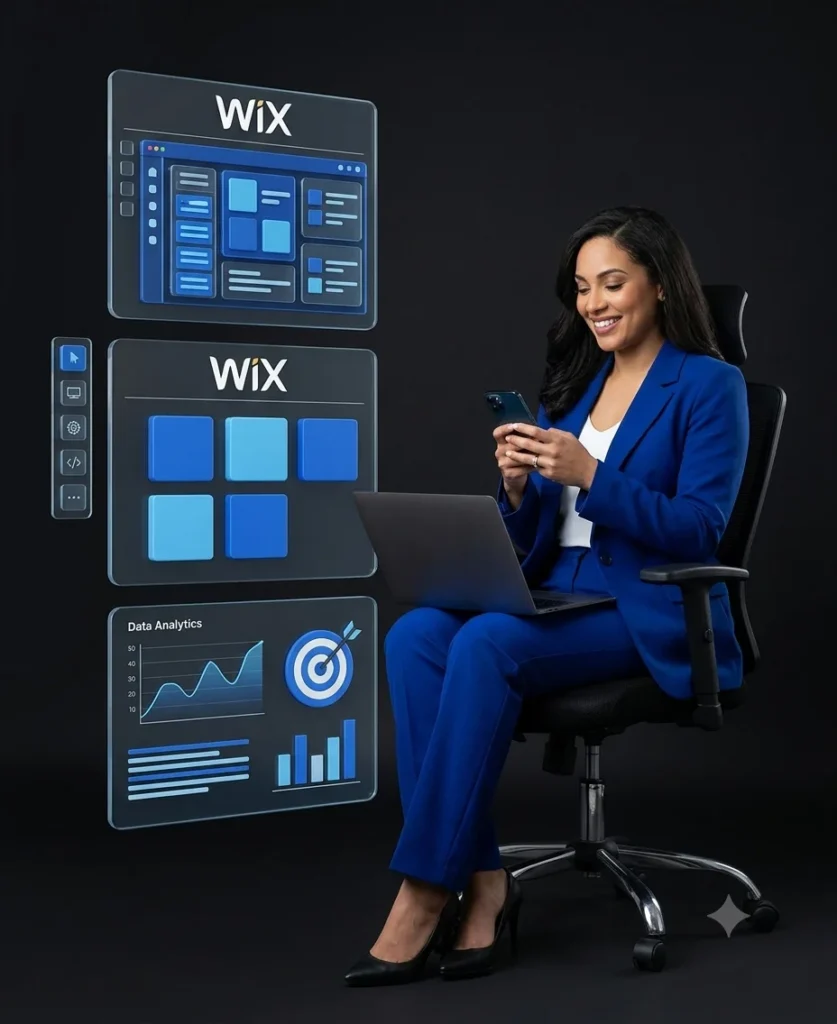 Toronto Wix website development services showing a professional designer managing a Wix site editor interface, layout wireframes, and SEO growth analytics.