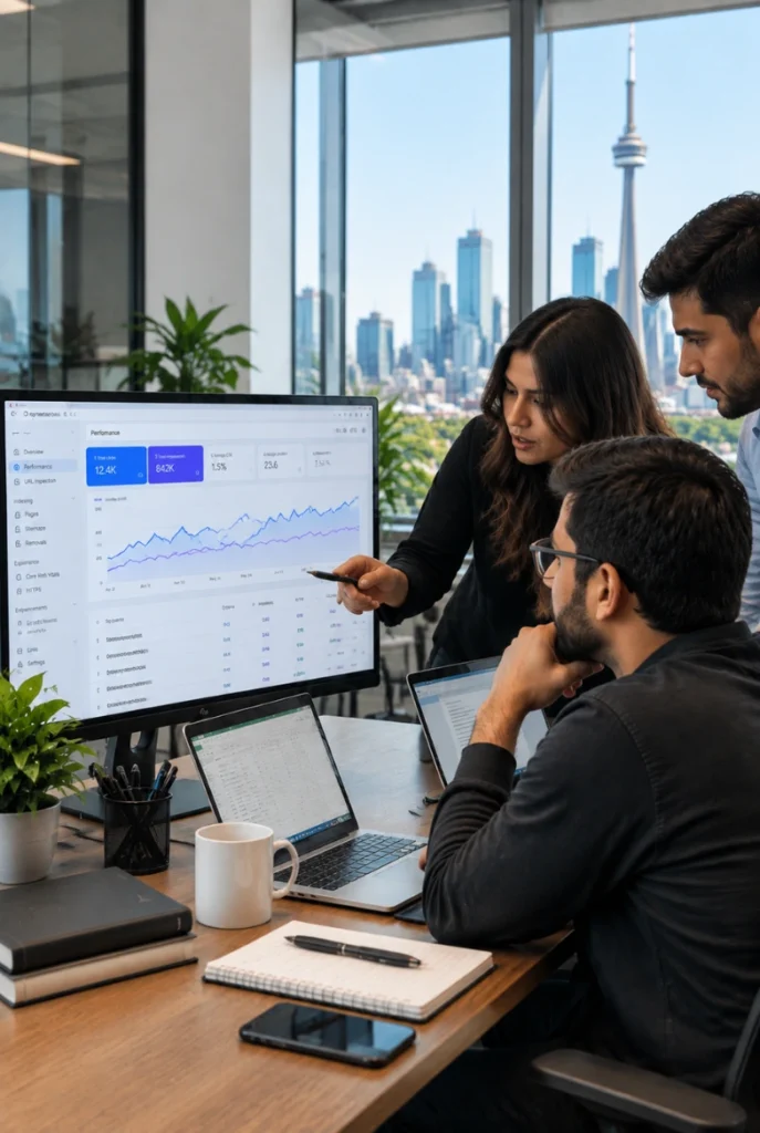 oronto Web Development team reviewing analytics data for white label seo services in a modern office with a city view.