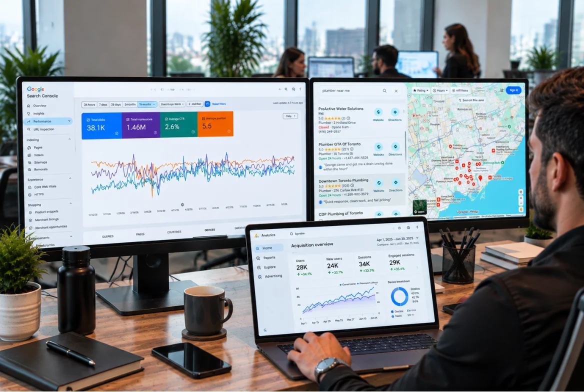 eam member reviewing local seo outsourcing growth reports and Google Analytics data on dual screens.
